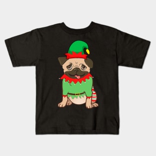 Pug In Elf Costume Christmas Kids T-Shirt